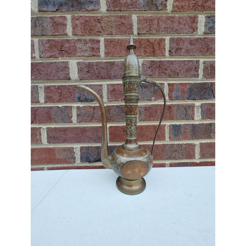 Ewer Middle Eastern Water Jar Pitcher Enamel Metal OOAK Hand Painted